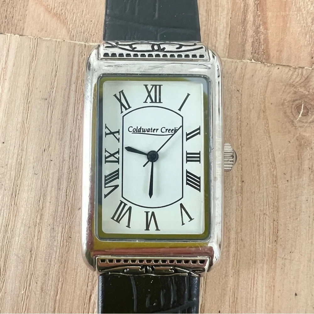 Coldwater creek ladies rectangular black leather dress watch NEW BATTERY